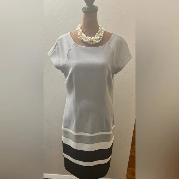 Studio One Gray dress w/ black n white stripes fully lined! - Picture 1 of 3